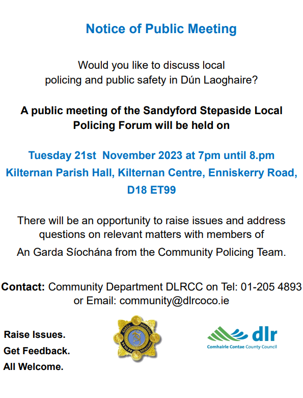Banner for Public Meeting of the Sandyford Stepaside Local Policing Forum