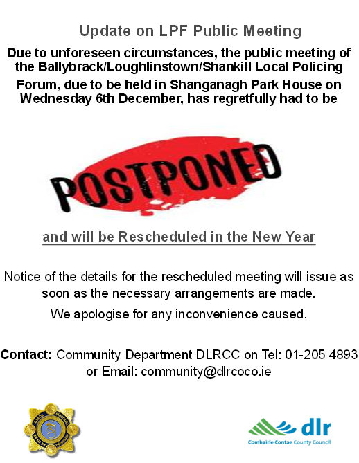 Poster for POSTPONED Local Policing Forum Public Meeting