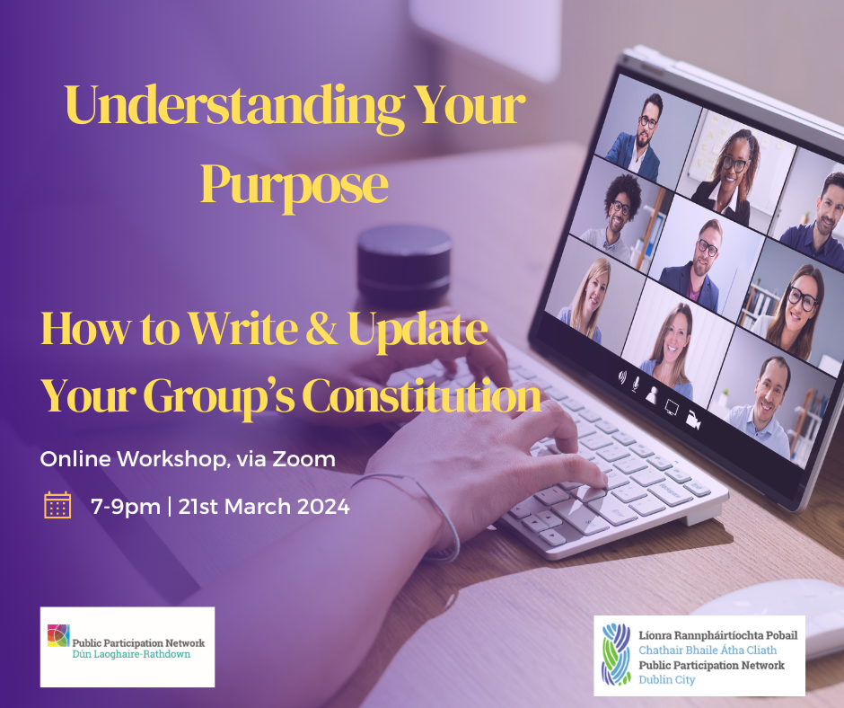 Advertisement of a webinar on the topic "How to Write & Update Your Group's Constitution"